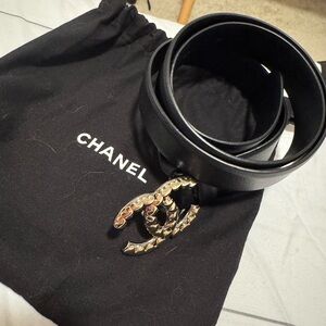 CHANEL Black Leather Belt with Embossed Logo